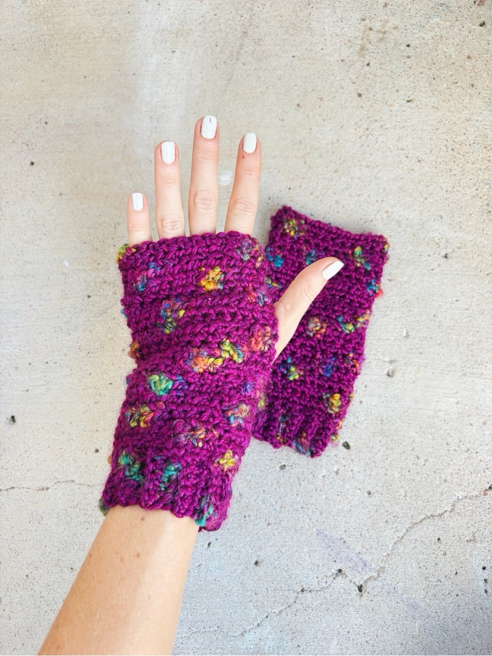 Handmade Crochet Fingerless Gloves - Purple with Multi-Colored Dots